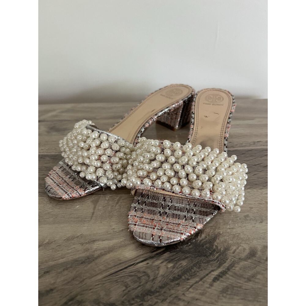 Tory Burch TATIANA Beaded PEARL Tweed Slide Sandals lurex Heels US 10 - Picture 3 of 8